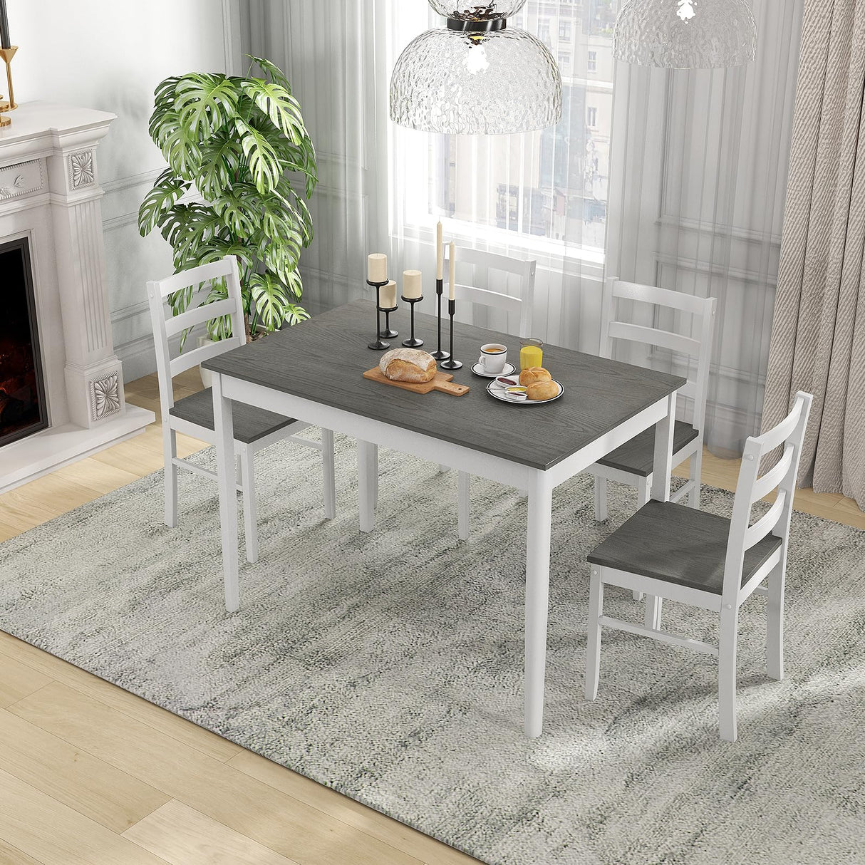 GOFLAME 5 Piece Dining Table Set for 4, Farmhouse Kitchen Table and 4 Chairs with Rubber Wood Legs, Space-Saving Wooden Dinette Set for Small Space, Dining Room, Breakfast Nook, Grey+White GOFLAME