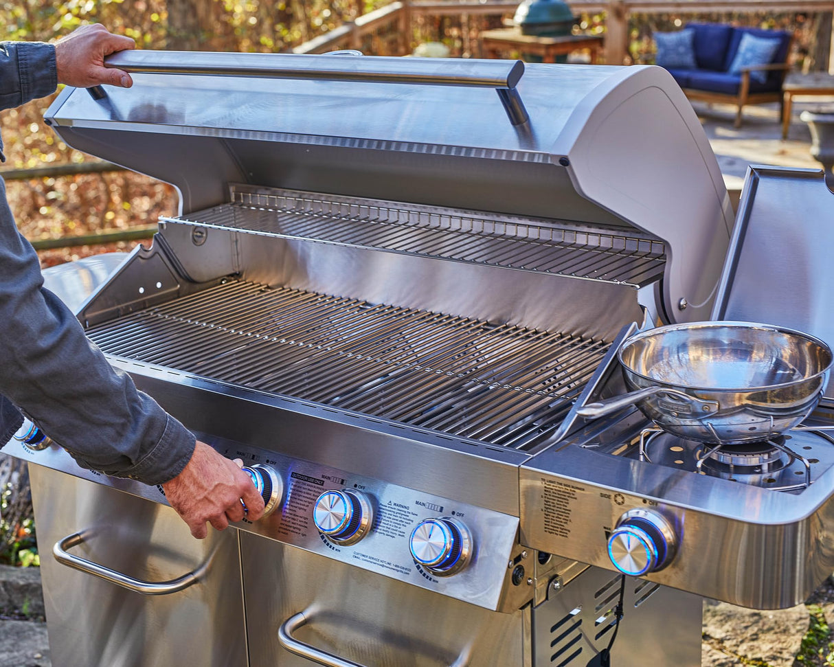 Monument Grills 77352 6-Burner Stainless Steel Cabinet Style Propane Gas Grill with Knob Controls, Side Burner, Built-In Thermometer, and Rotisserie Kit Monument Grills