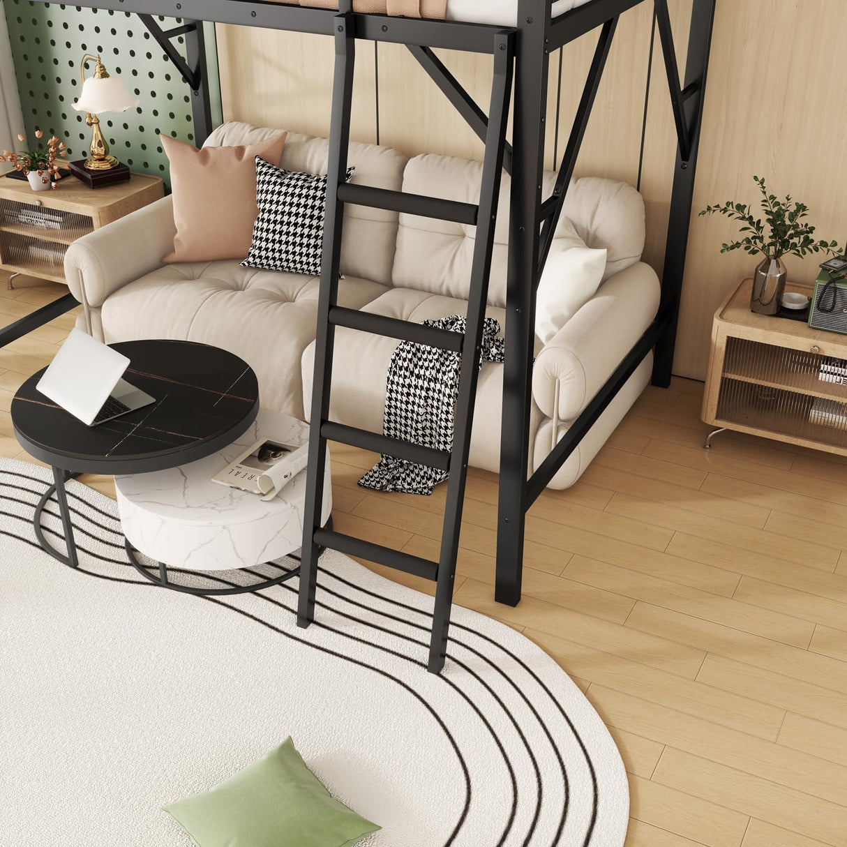 YHUBHSIS Queen Size Loft Bed with Ladder and Large Under-Bed Space, Black Metal Loft Bed with Storage Shelves, Heavy Duty Metal High Bedframe w/Safety Guardrails for Kids Teens (Black, Queen) YHUBHSIS