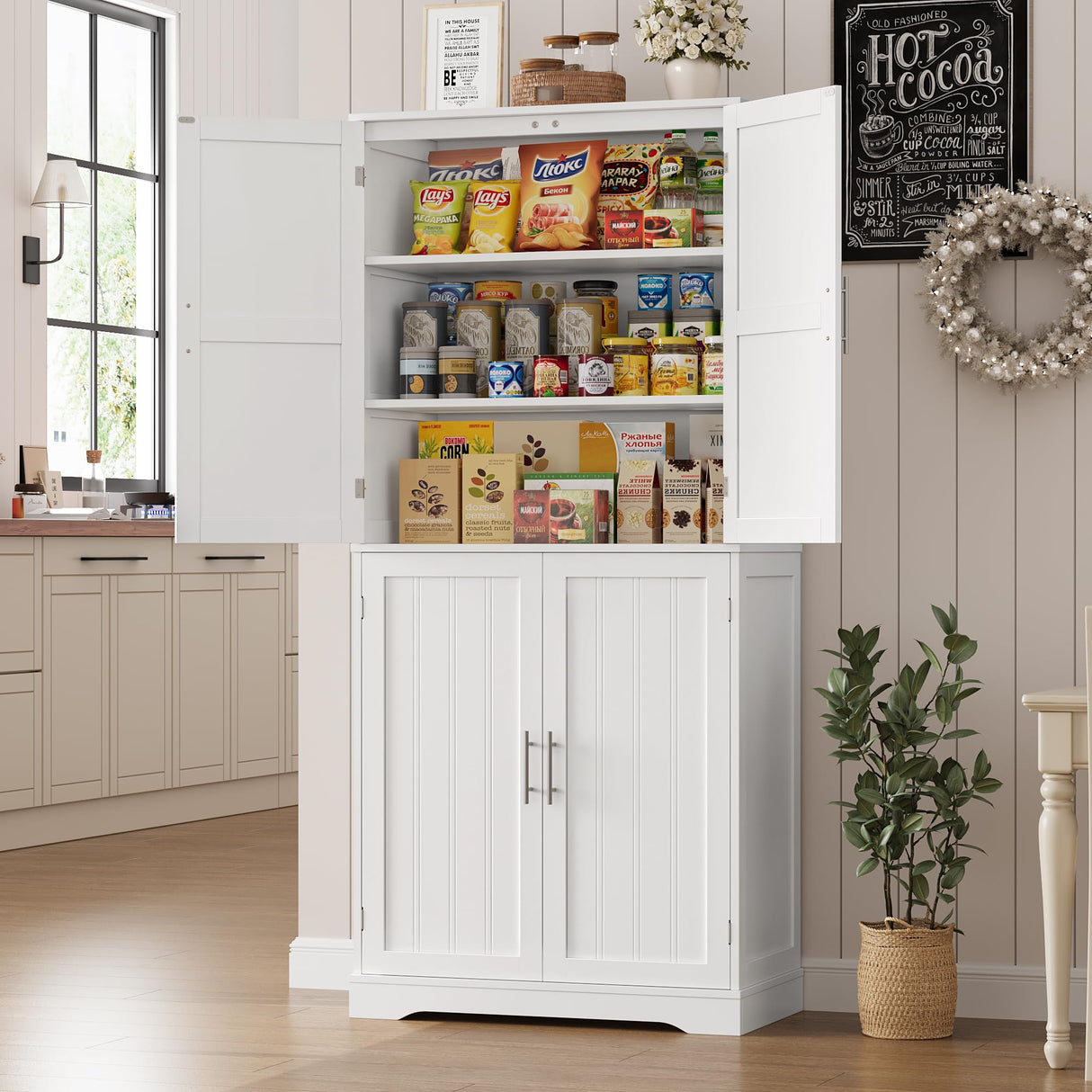 HITHOS 71.3" Tall Kitchen Pantry Storage Cabinet, Modern Hutch Cabinet with Storage Shelves, Food Pantry Cabinet with Storage & Silver Handle, Freestanding Cupboard for Dining Room, Living Room, White HITHOS
