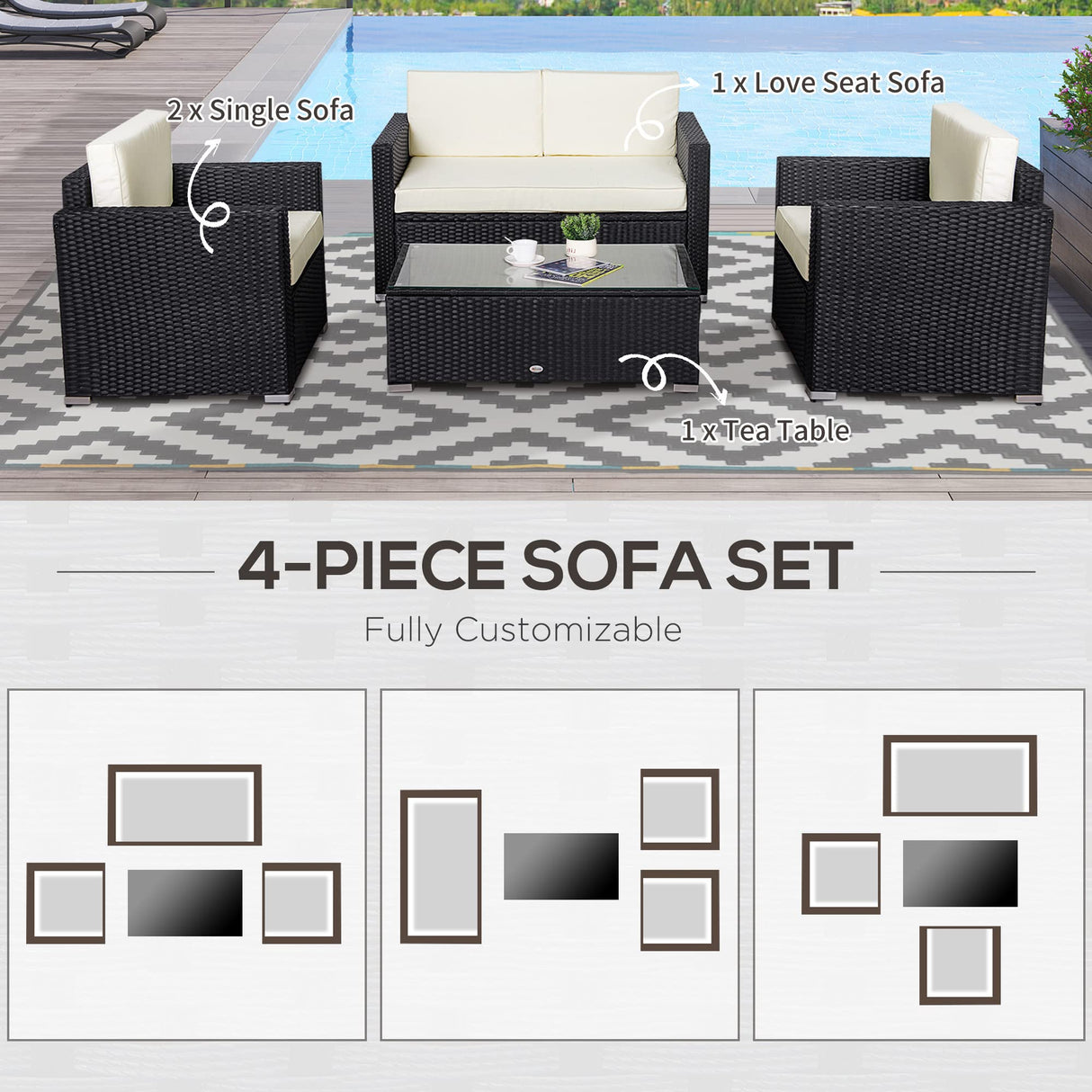 Outsunny 4 Piece Wicker Patio Furniture Set with Cushions, Outdoor Sectional Furniture with 2 Sofa, Loveseat, and Glass Top Coffee Table, Conversation Sofa Sets for Garden, White Outsunny