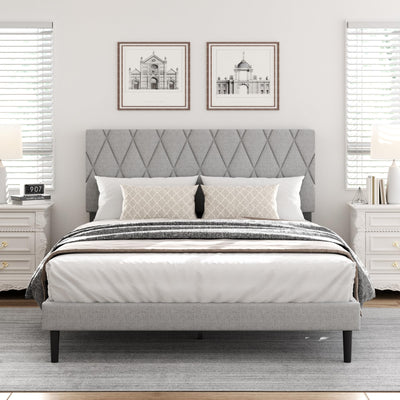 CXVX Queen Size Bed Frame with Diamond Tufted Headboard, Linen Upholstered Platform Bed and Wooden Slat Support, Noise-Free, No Box Spring Needed, Easy Assembly, Light Grey