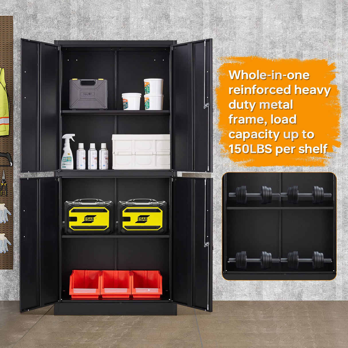 STANI Metal Storage Cabinet, Locking Steel Storage Cabinet with 4 Doors and 2 Adjustable Shelves, 71" Steel Lockable File Cabinet, Tall Steel Cabinet STANI