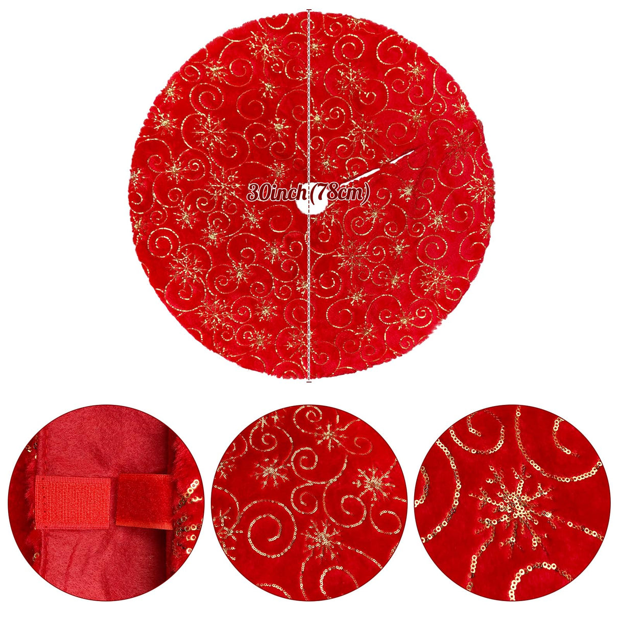 Amidaky Christmas Tree Skirt Red 30 inch Gold Christmas Tree Skirt Snowflakes Faux Fur for Xmas Holiday Home Party Amidaky