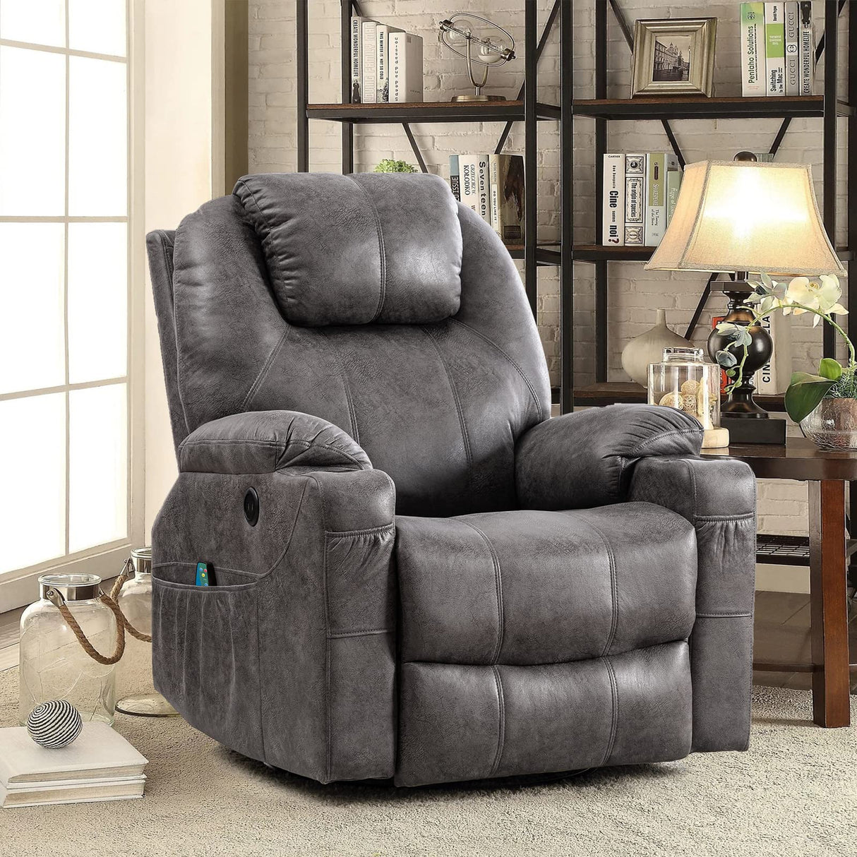 OUINCH Manual Swivel Glider Rocker Recliner Chair with Massage and Heat, 2 USB Ports, 2 Cup Holders, 2 Side Pockets and 2 Front Pockets, Bronze Suede Fabric (Grey) OUINCH