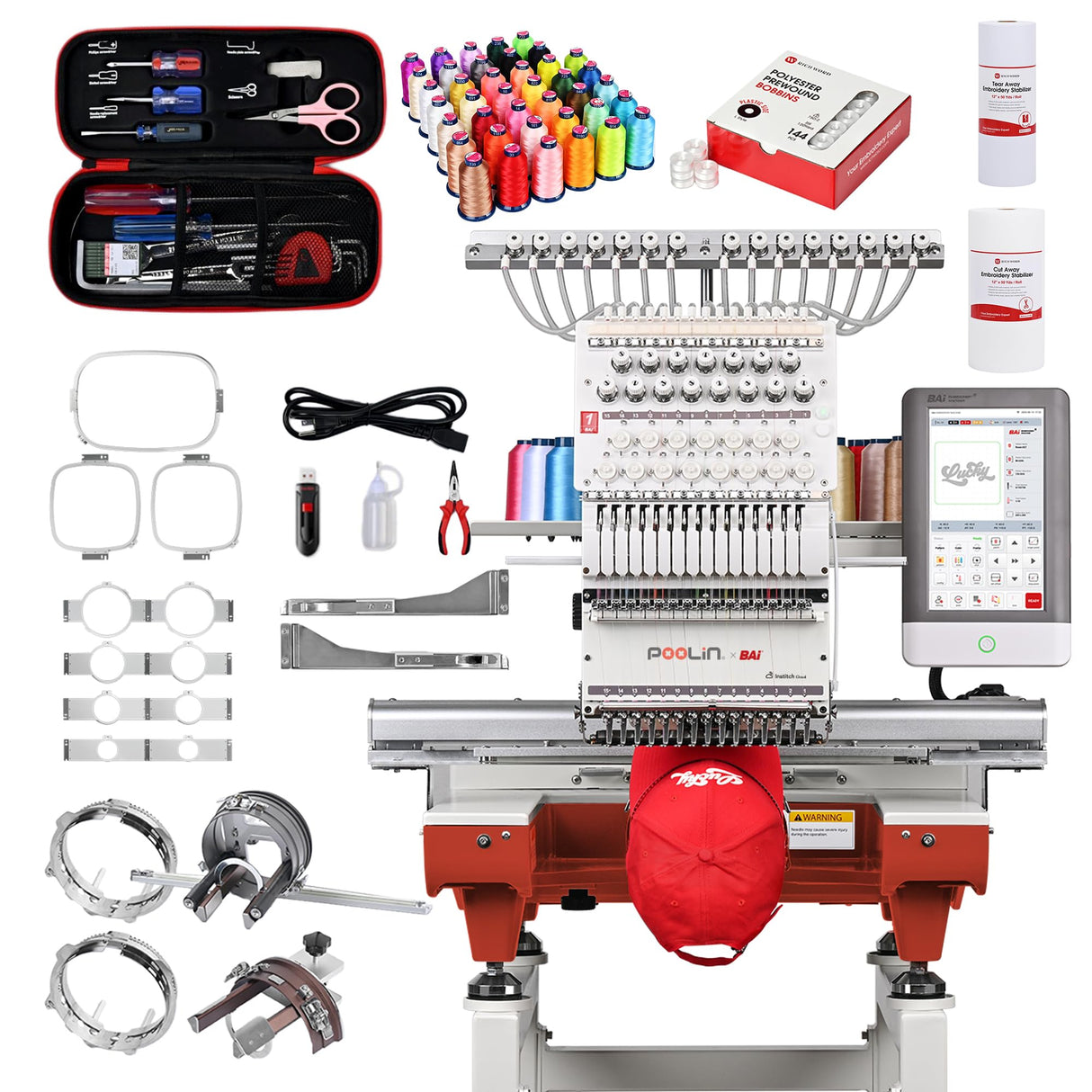 POOLIN The Mirror Multi Needles Commercial Embroidery Machine with Auto Color Change, 13.8x19.7 Inch Embroidery Area, WiFi Transfer, Includes All Accessories for Hats, T-Shirts & Hoodies Poolin