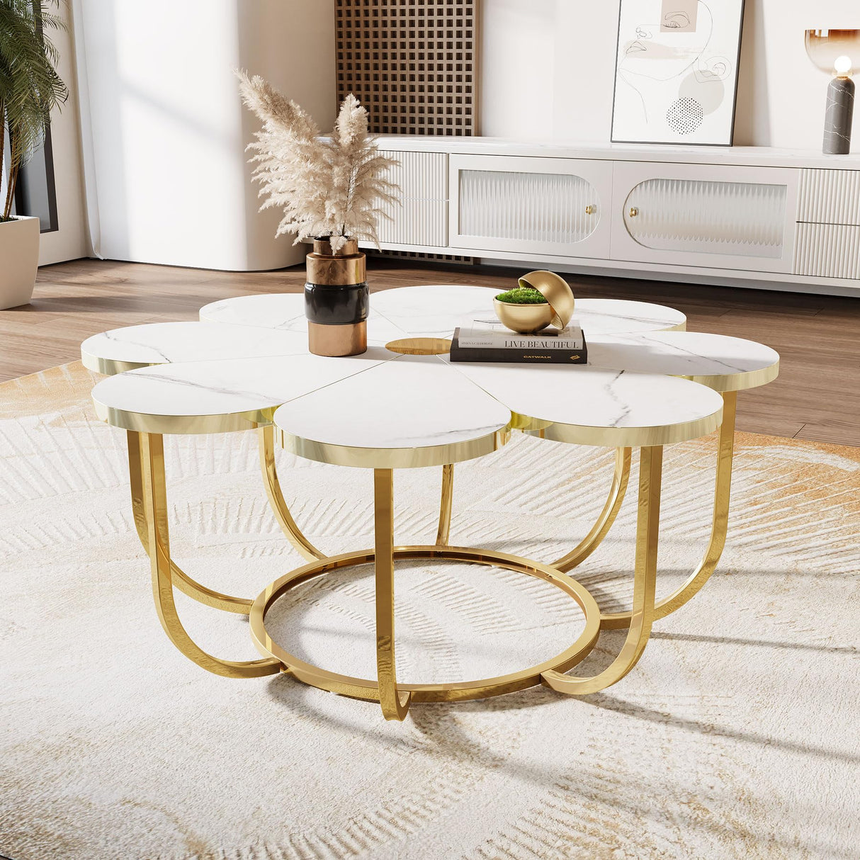 Tribesigns White and Gold Coffee Table, Modern Flower-Shaped Coffee Table with Faux Marble Tabletop, 39.37-Inch Floral Accent Center Table with Metal Frame for Living Room, Bedroom, Lounge Tribesigns