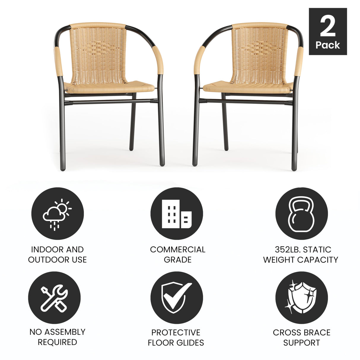 Flash Furniture Lila 2 Pack Beige Rattan Indoor-Outdoor Restaurant Stack Chair Flash Furniture