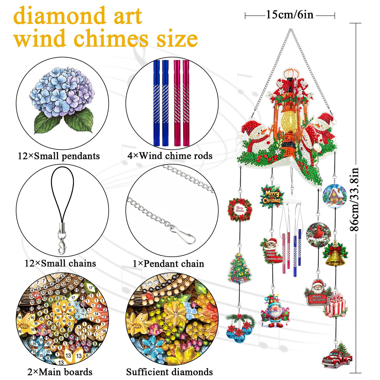 Ginfonr Wind Chimes Diamond Art Kit for Adults, 3D Suncatchers Christmas DIY Craft Kit with Crystal Pendant Hanging Ornaments, Acrylic Windcatcher for Patio, Backyard, Indoor & Outdoor Decor Ginfonr