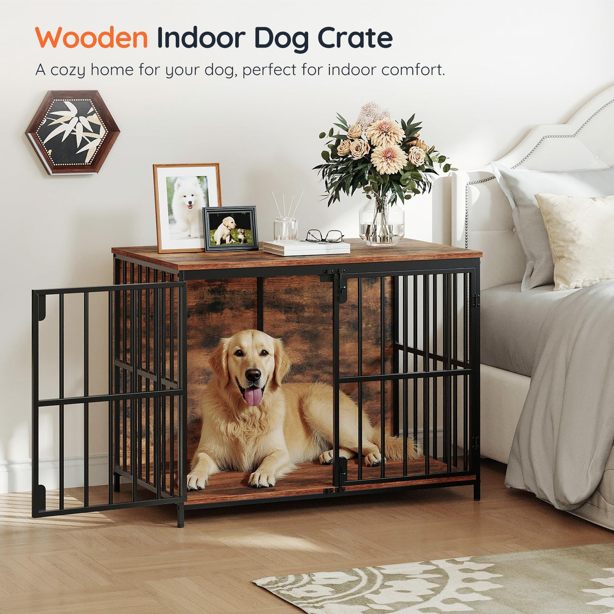HOOBRO 38.6" Dog Crate Furniture, Wooden Indoor Dog Kennel, Decorative Dog Crate End Table, Chew-Resistant Heavy Duty Dog Crate for Small/Medium Dog, Rustic Brown and Black BF100GW03 HOOBRO
