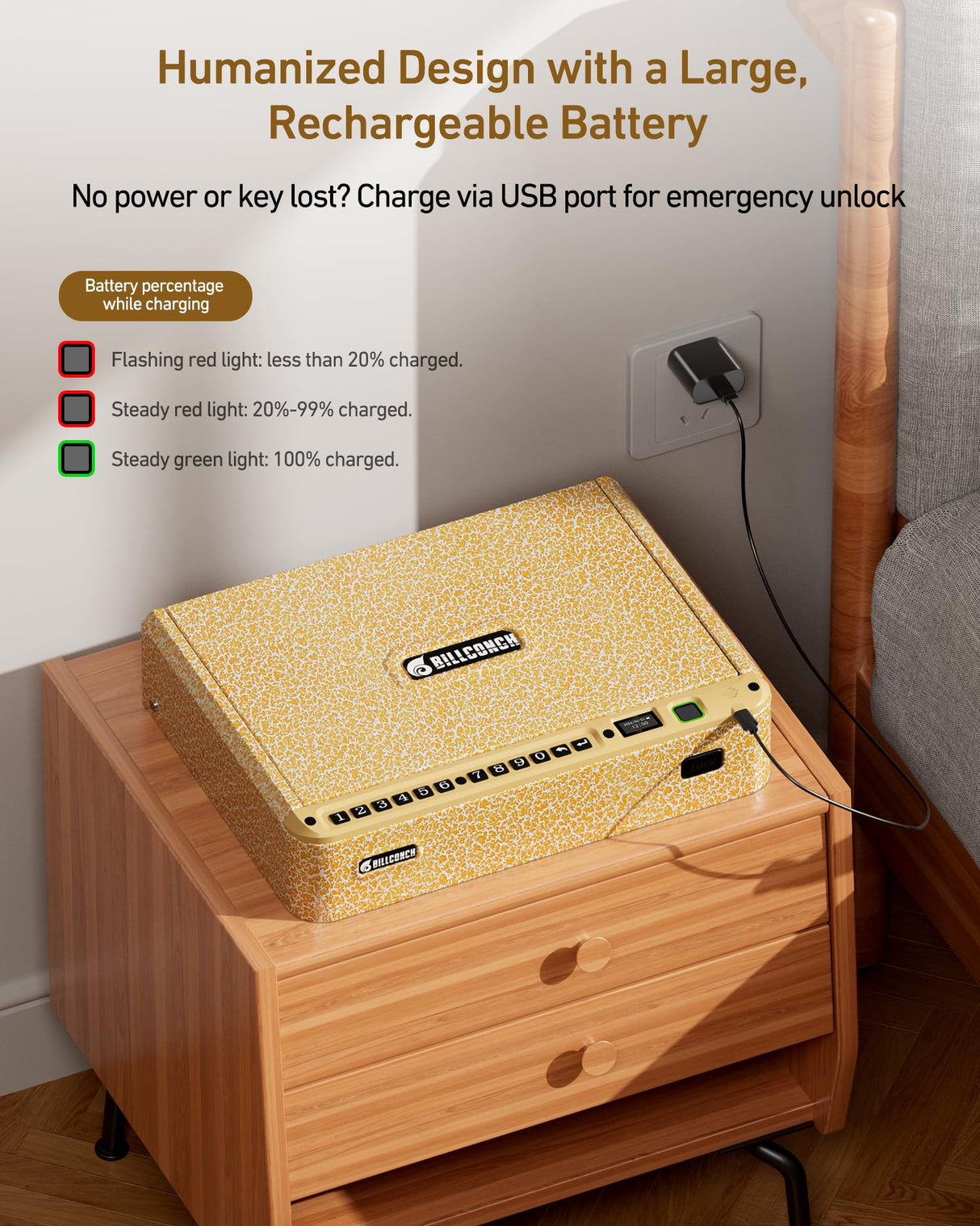 BILLCONCH Smart Gun Safe with Security Cable - Biometric Gun Safe for Handgun 4 Ways Quick Access with Fingerprint/Keypad/Key/APP Lock for Bedside Home Car with LCD/Voice Guide - Limited Gold BILLCONCH