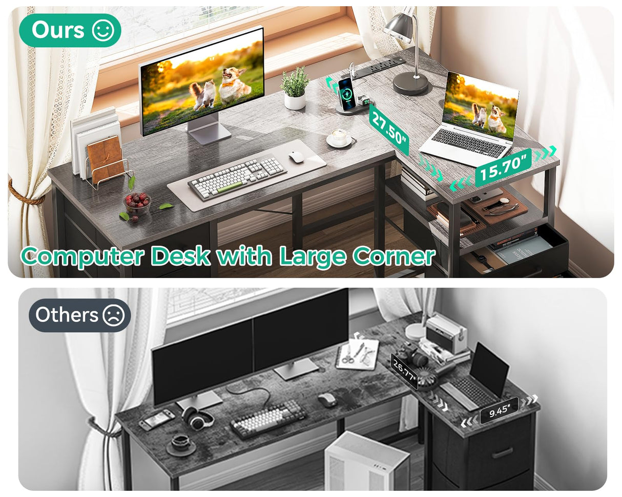 Coleshome L Shaped Computer Desk with 6 Drawers & Power Outlet, 55 Inch Corner Desk with Reversible Storage Shelf & File Drawer, Home Office Desk, Grey Oak Coleshome