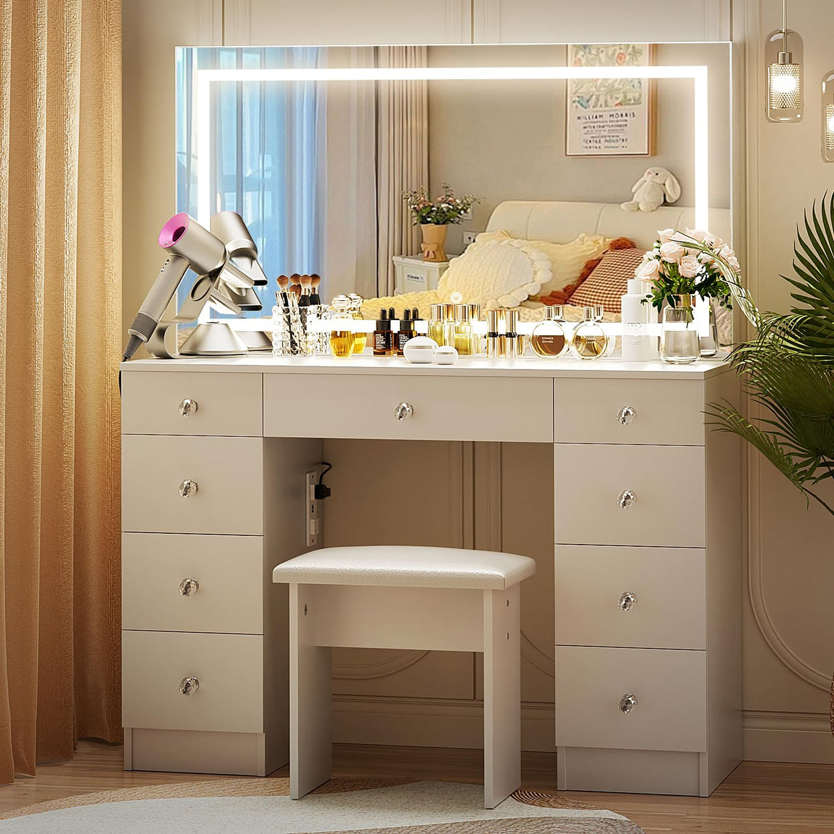 VOWNER Vanity with Lighted Mirror - Makeup Vanity Desk with Power Outlet and 9 Drawers, 3 Color Lighting Modes Adjustable Brightness, 43" Vanity Table with Soft Cushioned Stool for Bedroom, White VOWNER