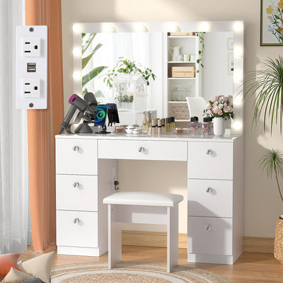 SMOOL Vanity with Lighted Mirror, Makeup Vanity Desk with Power Outlet and LED Bulbs, 3 Color Lighting Modes Adjustable Brightness, 7 Drawers Vanity Table with Cushioned Stool for Bedroom, Marble