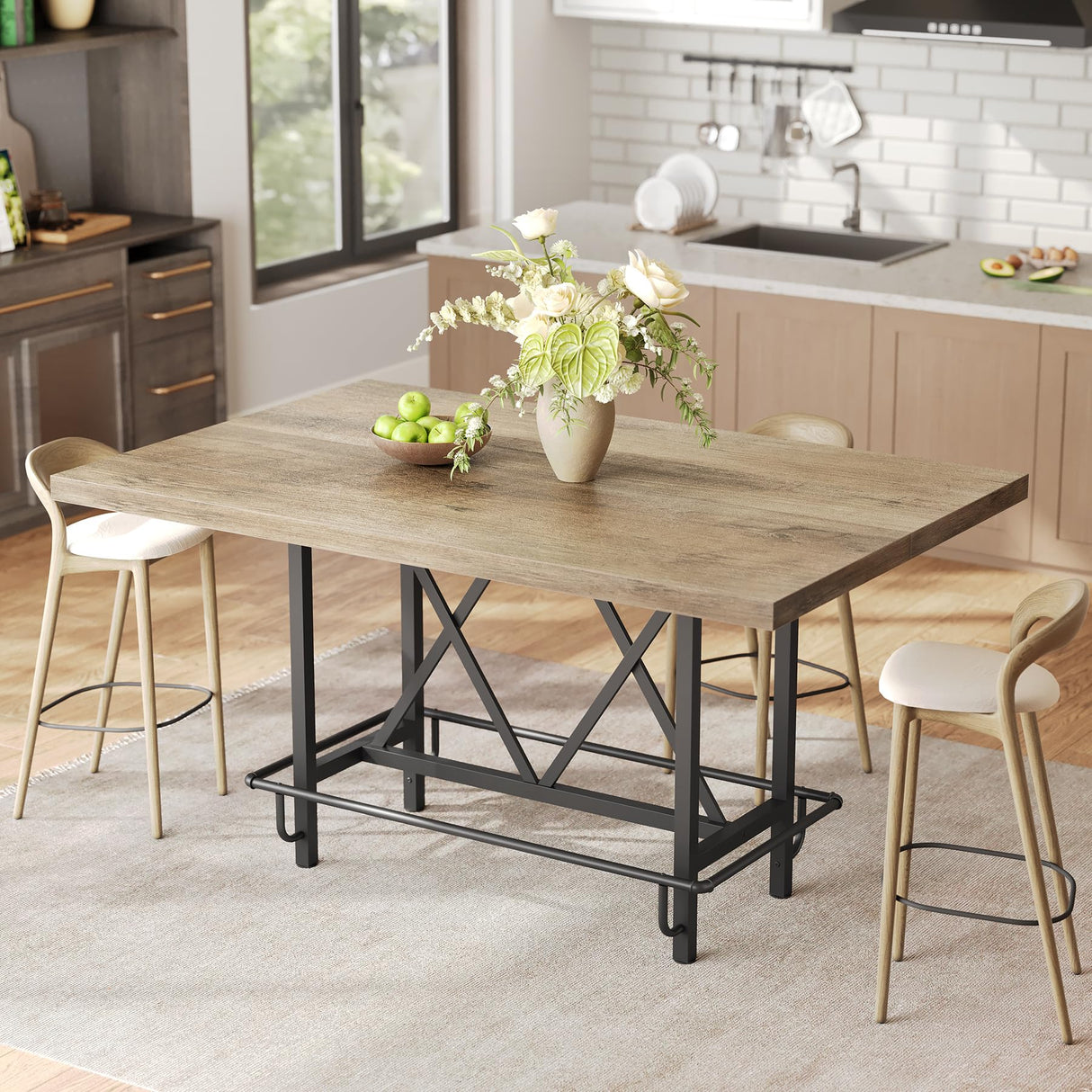 LITTLE TREE 63-Inch Industrial Bar Table with Metal Footrest, Counter Height Pub Table for Kitchen, Home Bar & Entertaining (Rustic Gray) LITTLE TREE