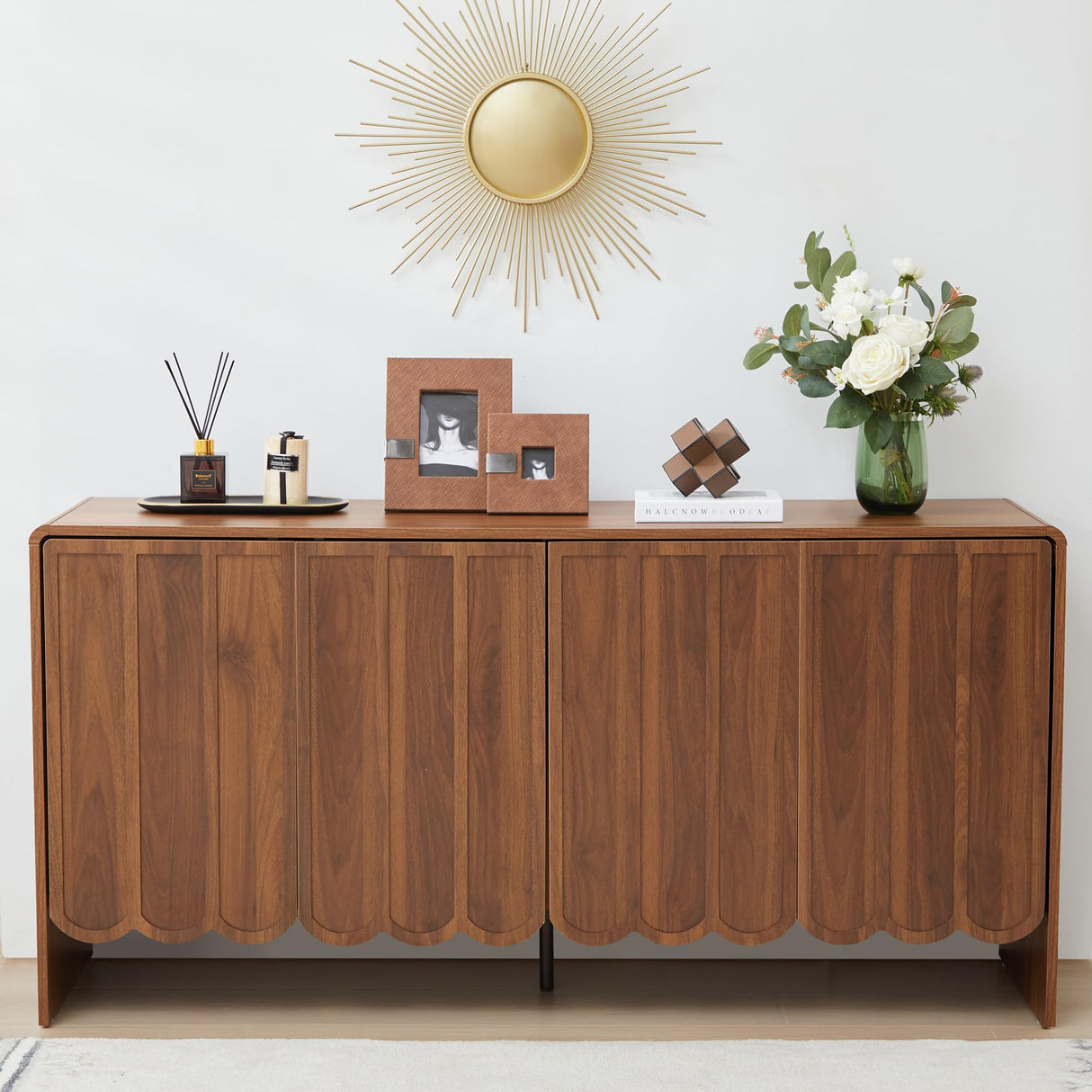 ORRD Sideboard Buffet Cabinet, Accent Storage Cabinet with 4 Doors, Farmhouse Wood Cabinet with Adjustable Shelves and Wave Panel for Living Room, Dining Room, Entry - Walnut ORRD