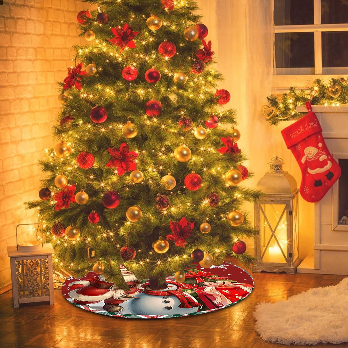 SHUXILIN Christmas Tree Skirt -48 Inches Luxury Short Plush Thick Rustic Xmas Holiday Decoration with Cute Santa Claus Xmas Tree Snowmen Snowflake Designs Mat Decoration for Merry Christmas Party SHUXILIN