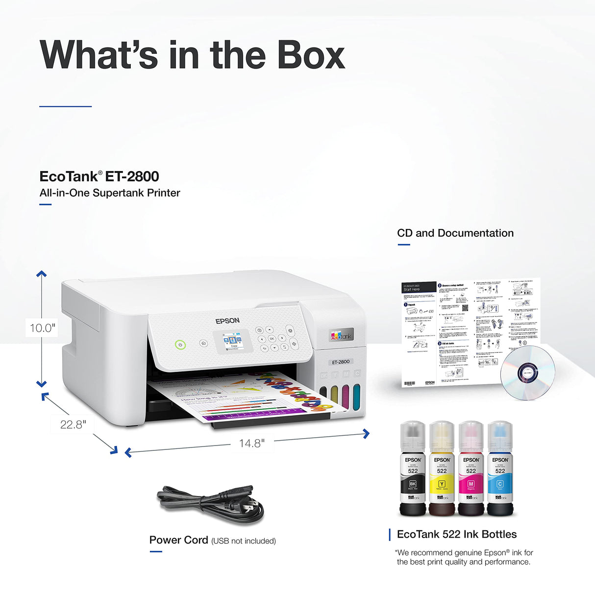 Epson EcoTank ET-2800 Wireless Color All-in-One Cartridge-Free Supertank Printer with Scan and Copy – The Ideal Basic Home Printer - White, Medium Epson