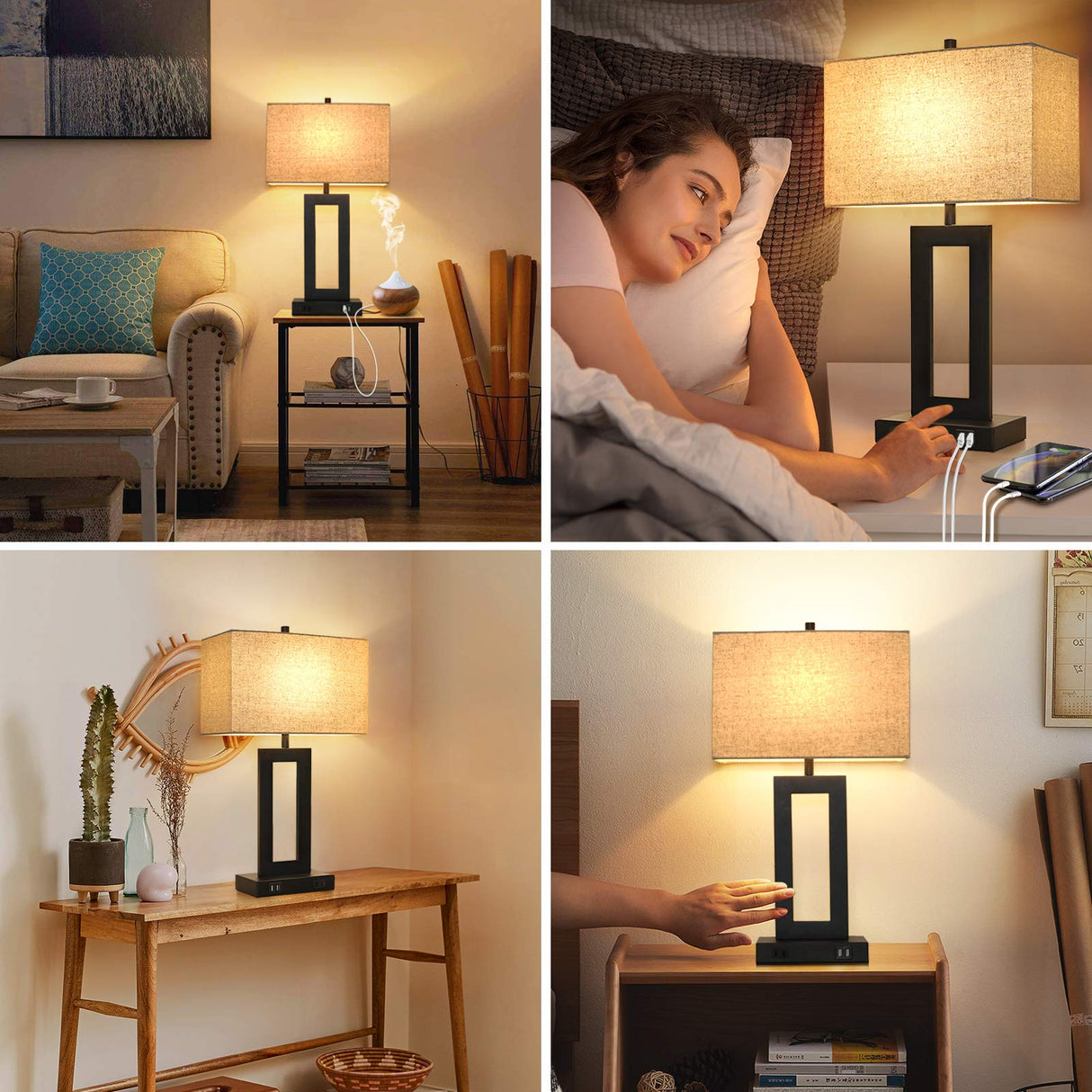 Set of 2 Touch Control Table Lamp with 2 USB Ports, 3-Way Dimmable Modern Nightstand Lamp Sets Bedside Touch Desk Lamp with Fabric Cream Shade For Bedroom Table Living Room Reading, Included Bulbs TOBUSA