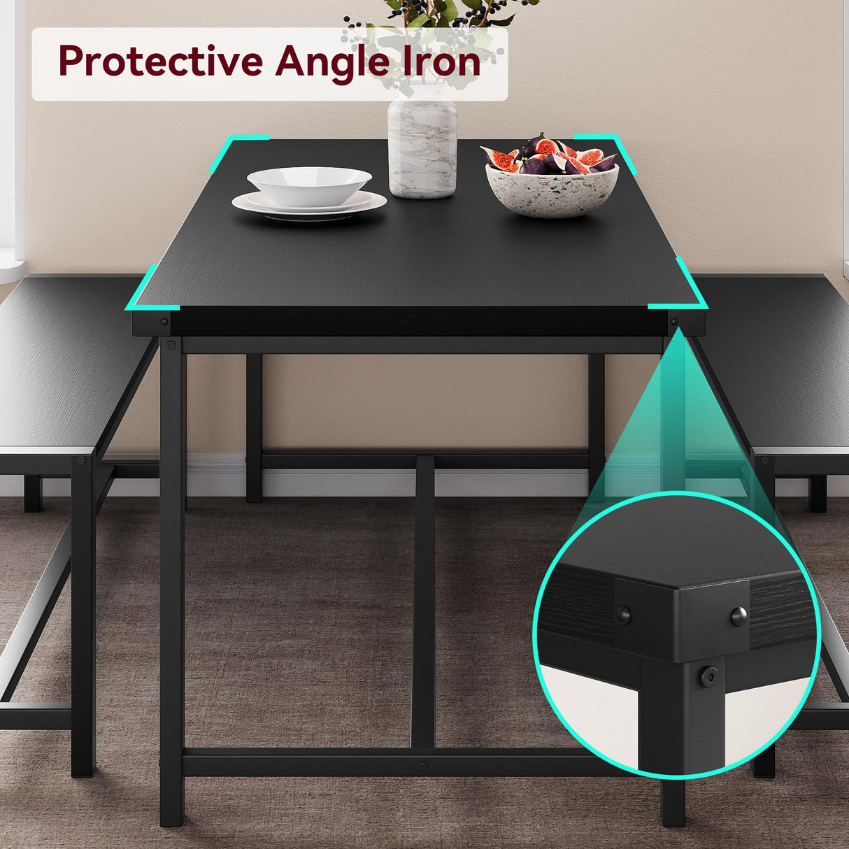 IDEALHOUSE Dining Table Set for 4, Kitchen Table with Benches, Rectangular Dining Room Table Set with 2 Metal Wood Benches, 3 Piece Dining Table Set for Small Space, Apartment, Dinette, Retro Black IDEALHOUSE