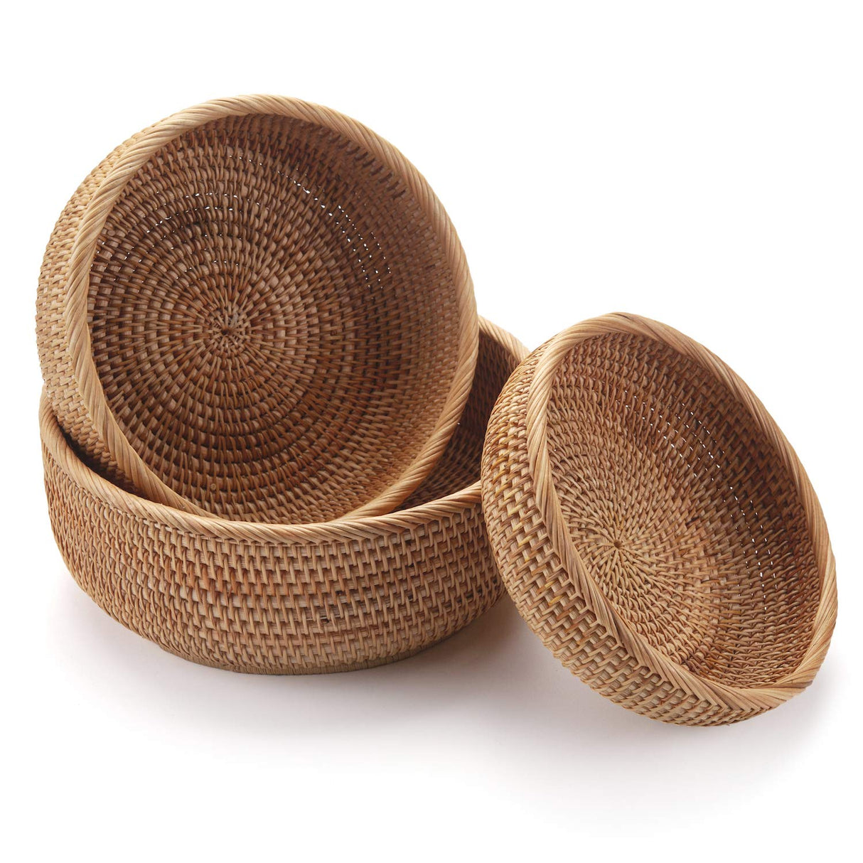Round Rattan Fruit Baskets Woven Storage Bowls Key Holder Stackable for Shelf Kitchen Tabletop Natural Set of 3 DECRAFTS