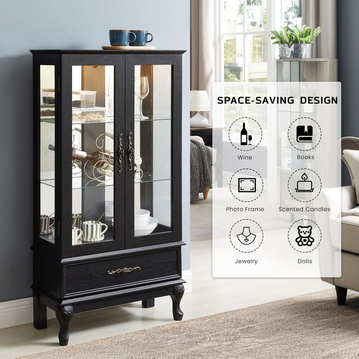 CKEASEAN Lighted Curio Cabinet, 52" H Glass Display Cabinet with Adjustable Shelves, China Cabinet with Tempered Glass Doors for Living Room, Light Blub Included (Black) CKEASEAN