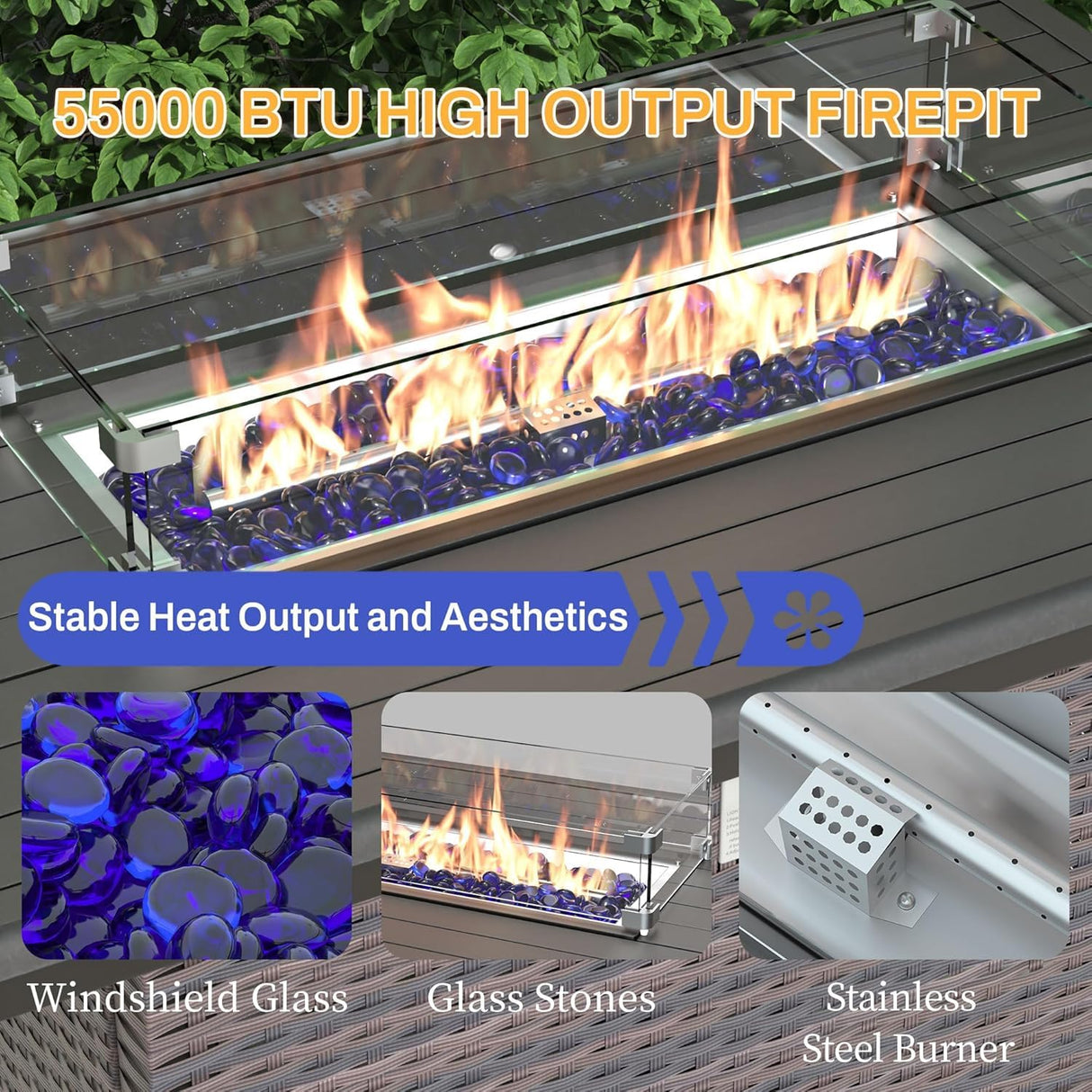 Trumbeak 9 Pieces Outdoor Patio Furniture Set with 43" 55000BTU Gas Propane Fire Pit Table & Swivel Rocking Chairs, PE Wicker Rattan Outdoor Sectional Patio Set, Outdoor Patio Conversation Set, Blue Trumbeak