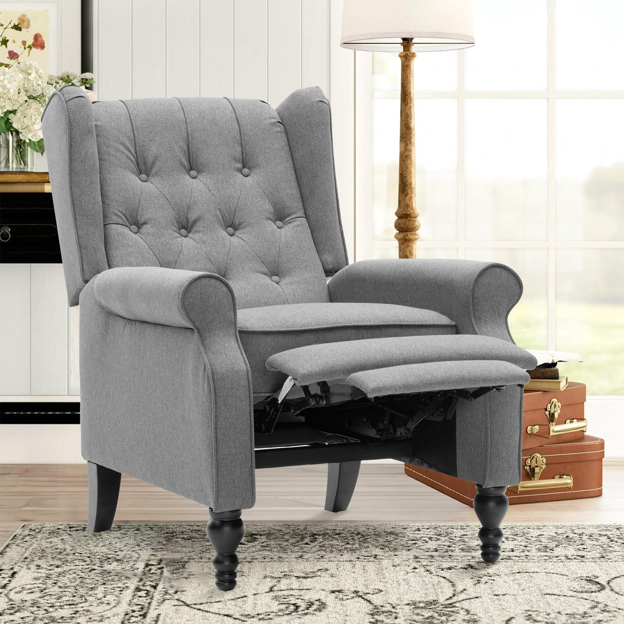 Mid Century Wingback Recliner Chair for Adults, Modern Linen Fabric Push Back Recliner Chairs with Button Tufted Upholstered Back & Footrest, Manual Recliner Chais for Living Room, Nursery, Gray BALIAA