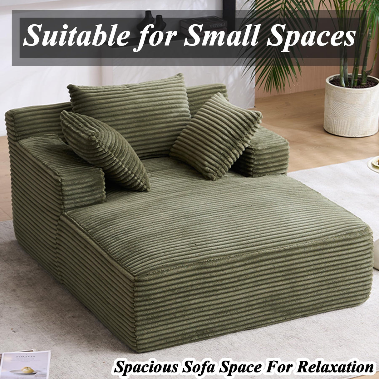 HRVEOCEI 49" Chaise Lounge Indoor, Oversized Chaise Lounge Chair with 3 Comfy Pillows for Living Room Bedroom, Wide Arms Corduroy Fabric High-Density Foam No Assembly Required (Sage Green) HRVEOCEI