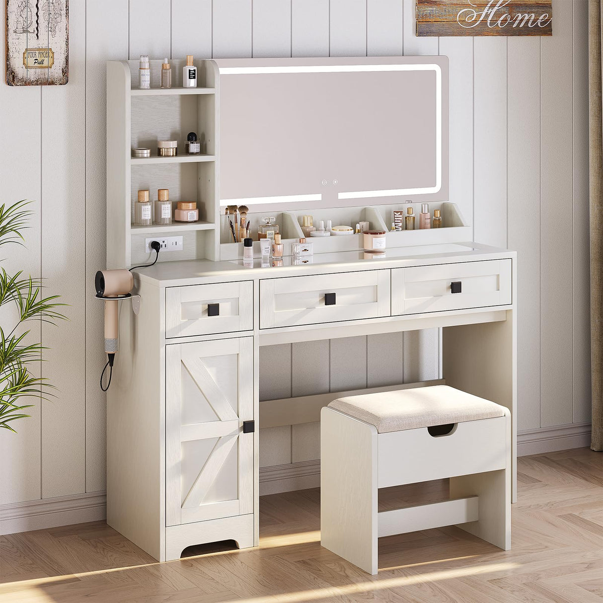 Seetech Farmhouse Makeup Vanity Desk with Mirror and Lights - 47.2" Dressing Table Set with Storage Stool, 3 Drawers, 6 Shelves, Cabinet, Power Outlet, for Bedroom, for Women, for Teen Girl, White Seetech