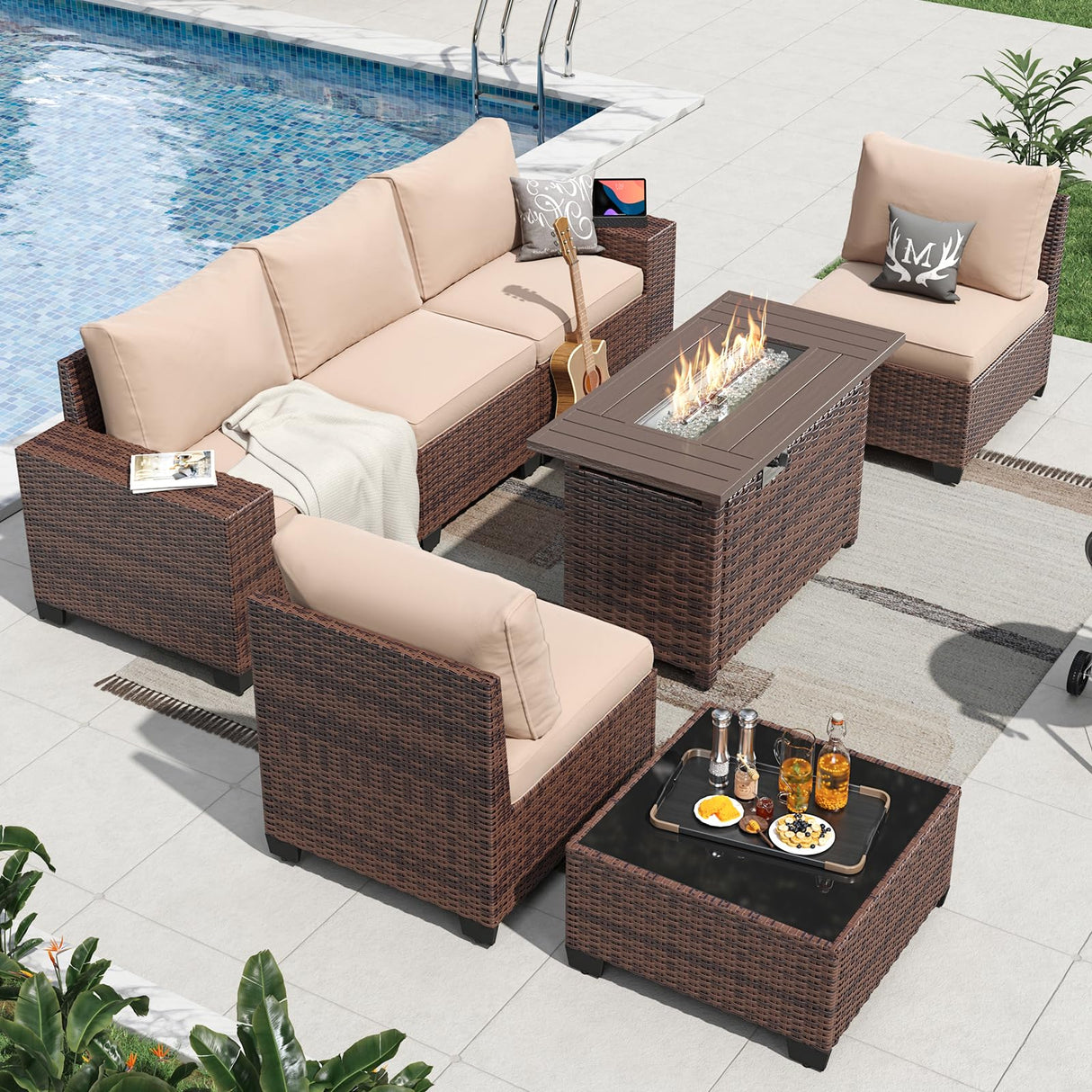 Aoxun 7 Pieces Patio Furniture Set with 44” Fire Pit Table Wicker Rattan Outdoor Sectional Conversation Set with Coffee Table and 4” Thickened Cushions, Beige (Waterproof Cover Included) Aoxun