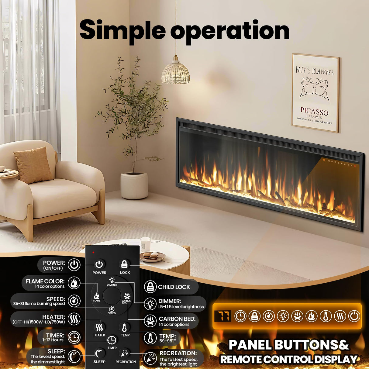 Riseon 36 Inch Electric Fireplace Heater, Recessed in-Wall and Wall-Mounted Linear Heater Fireplace,13 Adjustable Flame Color and 5 Brightness,Touch Screen & Remote Control,1500/750W, Black Riseon