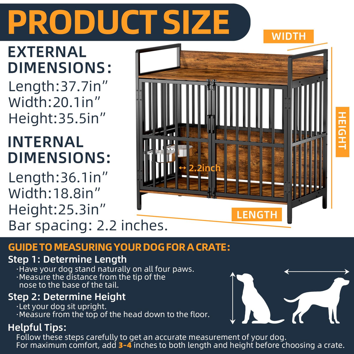 Large Dog Crate Furniture, with 360° Adjustable Elevated Feeder, Heavy Dog Furniture, Indoor Decorative Dog Kennel, Sturdy Metal Construction, 38" W×21" D×36" H, Rustic Brown Finish vanjezand