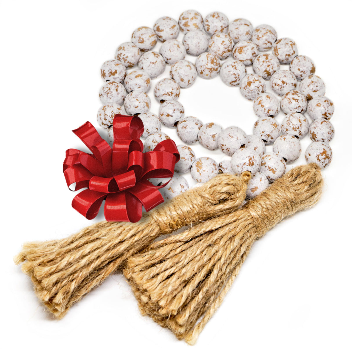 Farmhouse Wood Bead Garland Home Decor, Natural Wooden Garland for Tiered Tray, Decorative Tassel Garland for Tier Tray, Rustic Beads Centerpiece Boho Table Decor, Garland Beaded Accent White Washed MAINEVENT