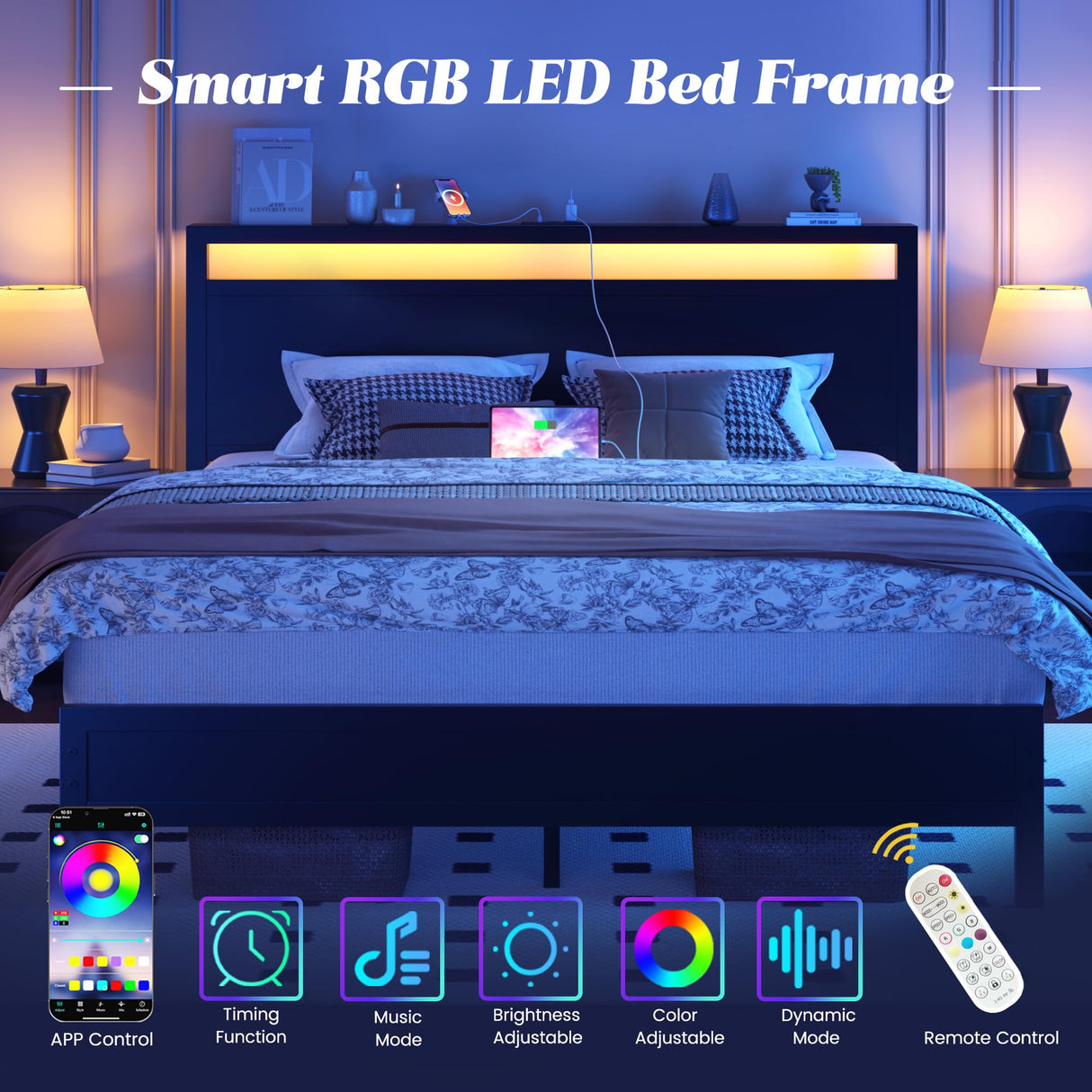 Fluest Queen Bed Frame with Headboard & Footboard, Bed Frame with Built-in Charging Station & LED Light, Storage Shelf, Noise-Free, No Box Spring Needed, Easy Assembly, Classic Black Fluest