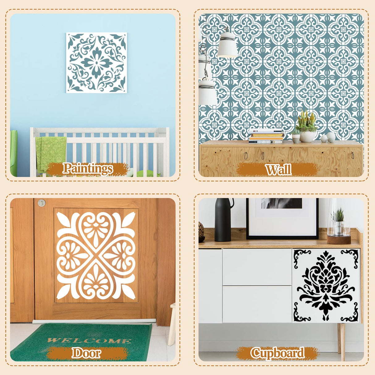 4 Pieces Reusable Tile Stencil 12 x 12 Inches Wall Templates Tile Pattern Stencil Drawing Templates for DIY Scrapbooks Wall Floor Home Decors (Flower Style) Zonon