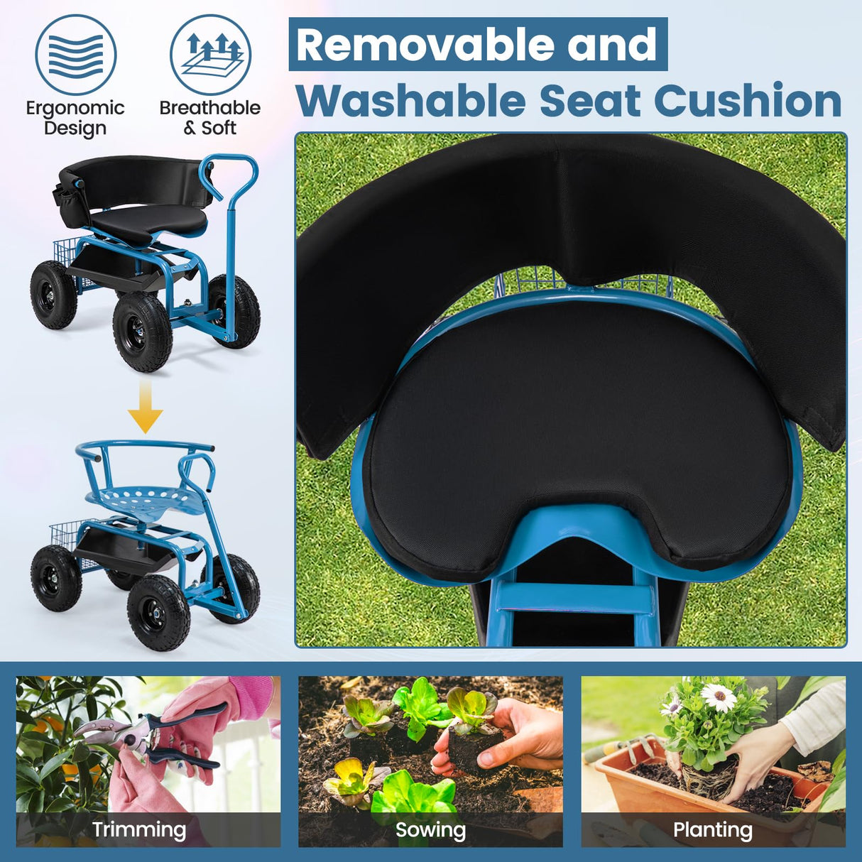 Goplus Garden Cart, Outdoor Rolling Garden Scooter W/Adjustable 360 Degree Swivel Seat, Tool Tray & Storage Basket, Extendable Handle, Yard Gardening Work Seat with Wheels, Blue Goplus