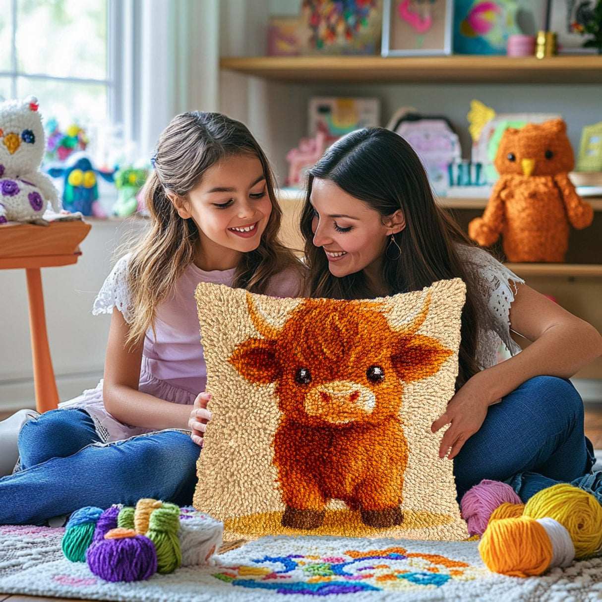 Latch Hook Pillow Kits for Adults Cute Baby Highland Cow DIY Pillow Cover Printed Pillowcase Crochet Hooking Yarns Handmade Cushion for Home Sofa Decoration 17x17inch(8) Generic