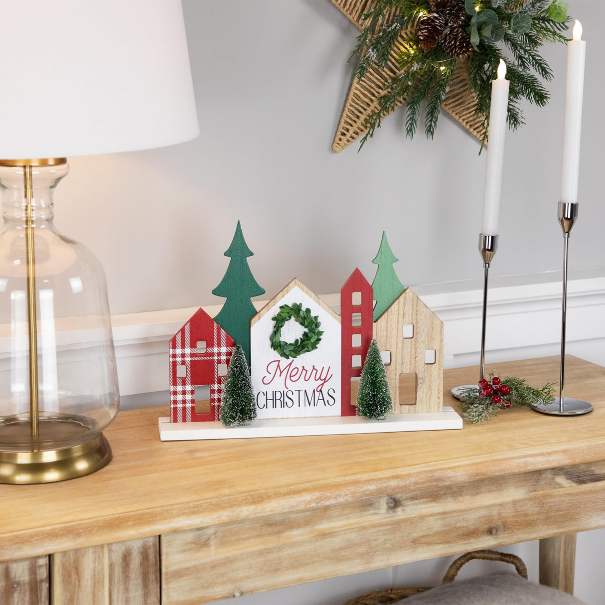 Northlight Wooden Merry Christmas Houses with Trees Decoration - 15" - Red and Green Northlight