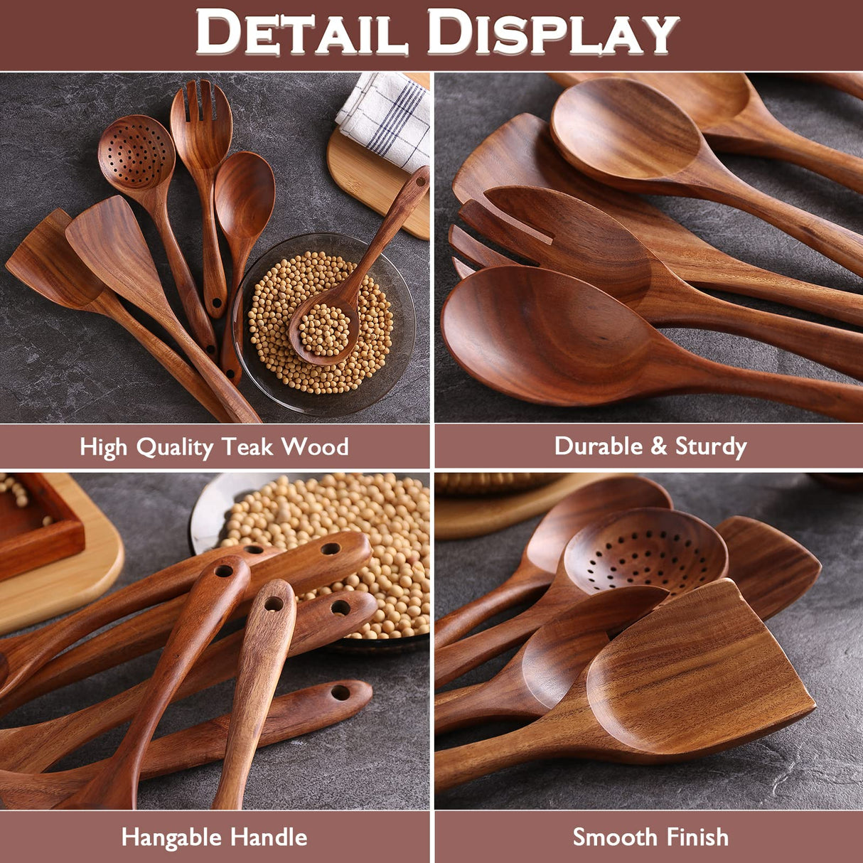 NAYAHOSE Wooden Spoons for Cooking, 6 Pcs Wooden Utensils for Cooking, Natural Teak Wood Non-Stick Cooking Spoons, Wood Utensils Set for Kitchen NAYAHOSE