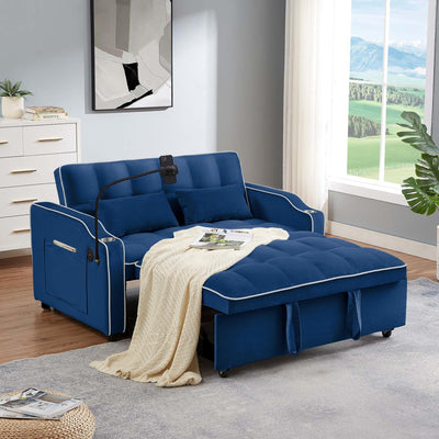 JEEOEHY 3 in 1 Convertible Sleeper Sofa Bed,Velvet Pull Out Couch Bed w USB&Type C Port,Comfy Futon Loveseat w Adjustable Backrest&Phone Stand&Cup Holder for Living Room Apartment Small Space(Blue)