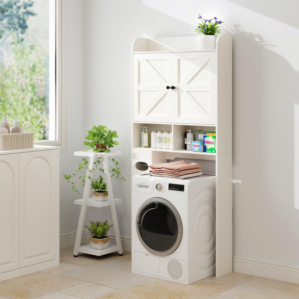 MUUEGM Over The Toilet Storage Cabinet with Barn Doors, White Bathroom Organizer, Farmhouse Tall Bathroom Storage Cabinet with Toilet Paper Holder, Above Toilet Shelf for Restroom, Laundry MUUEGM