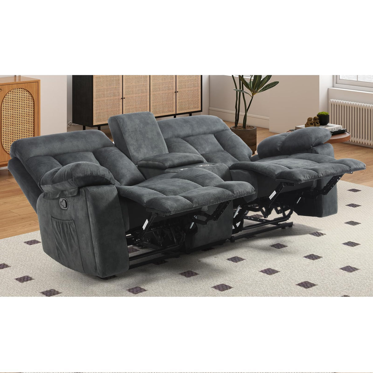 EBELLO Loveseat Recliner Sofa for Living Room, Extra Wide Modern Overstuffed 2 Seat Reclining Manual Sofa Chair, with Hidden Armrest Cup Holders, Breathable Fabric, Grey EBELLO