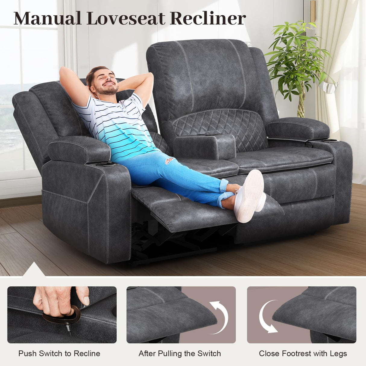 Yolsali Loveseat Recliner Sofa, Manual Reclining Loveseat with Removable Armrest, Dutch Velvet Recliner Loveseat for Adults with 2-Tier Cushions, USB Charging Ports, Cup Holders - Grey Yolsali