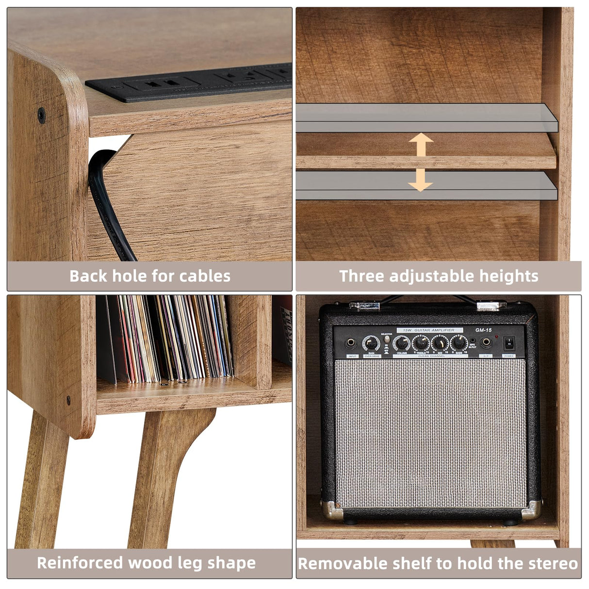 Lerliuo Record Player Stand with Charging Station Holds Up to 220 Albums, Large Turntable Stand with 4 Cabinet, Mid-Century Record Player Table,Oak Vinyl Holder Storage Shelf for Bedroom Living Room Lerliuo