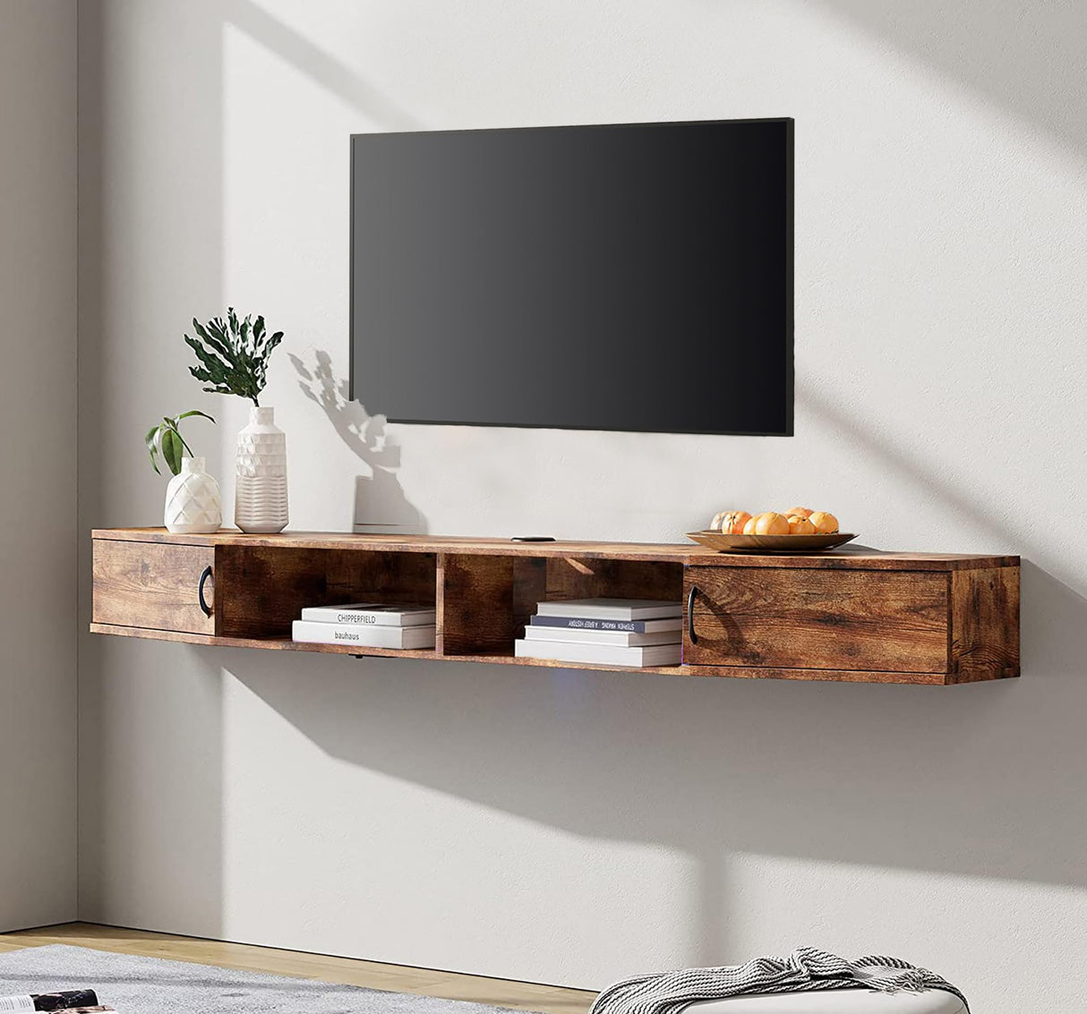 FITUEYES Wall Mounted Floating TV Shelf with Yellow Light, Flaoting Entertainment Center TV Shelf for Under TV, Wall Mounted TV Console Cabinet,70'',Brown FITUEYES