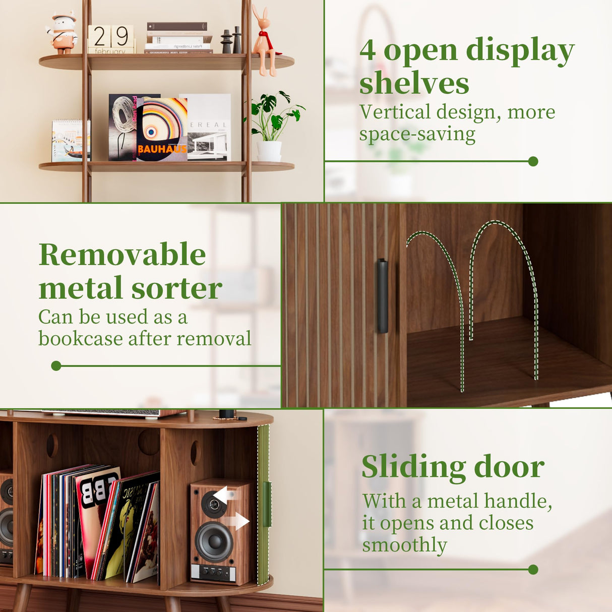 Tall Vinyl Record Player Stand, 4 Tier Arched Bookshelf with Sliding Doors, Retro Small Record Storage Cabinet, Fluted Media Display Shelf, Mid Century Modern Turntable Stand for Living Room, Walnut Woemtoric