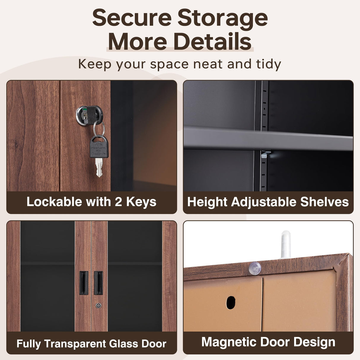 AFAIF 71" Tall Brown Metal Storage Cabinet with Glass Doors and Adjustable Shelves AFAIF