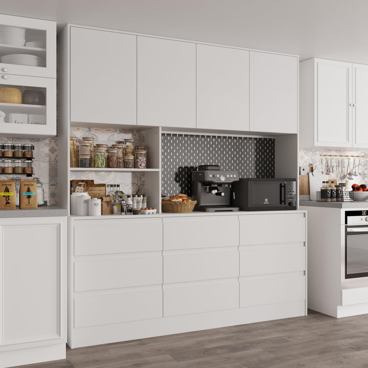 Jiaoun 78x71 LED Kitchen Pantry Cabinets with Microwave Stand,Socket,Large/Tall Kitchen Storage Cabinet with 6 Compartments and 9 Drawers,Duitable for Restaurants,Kitchens Jiaoun