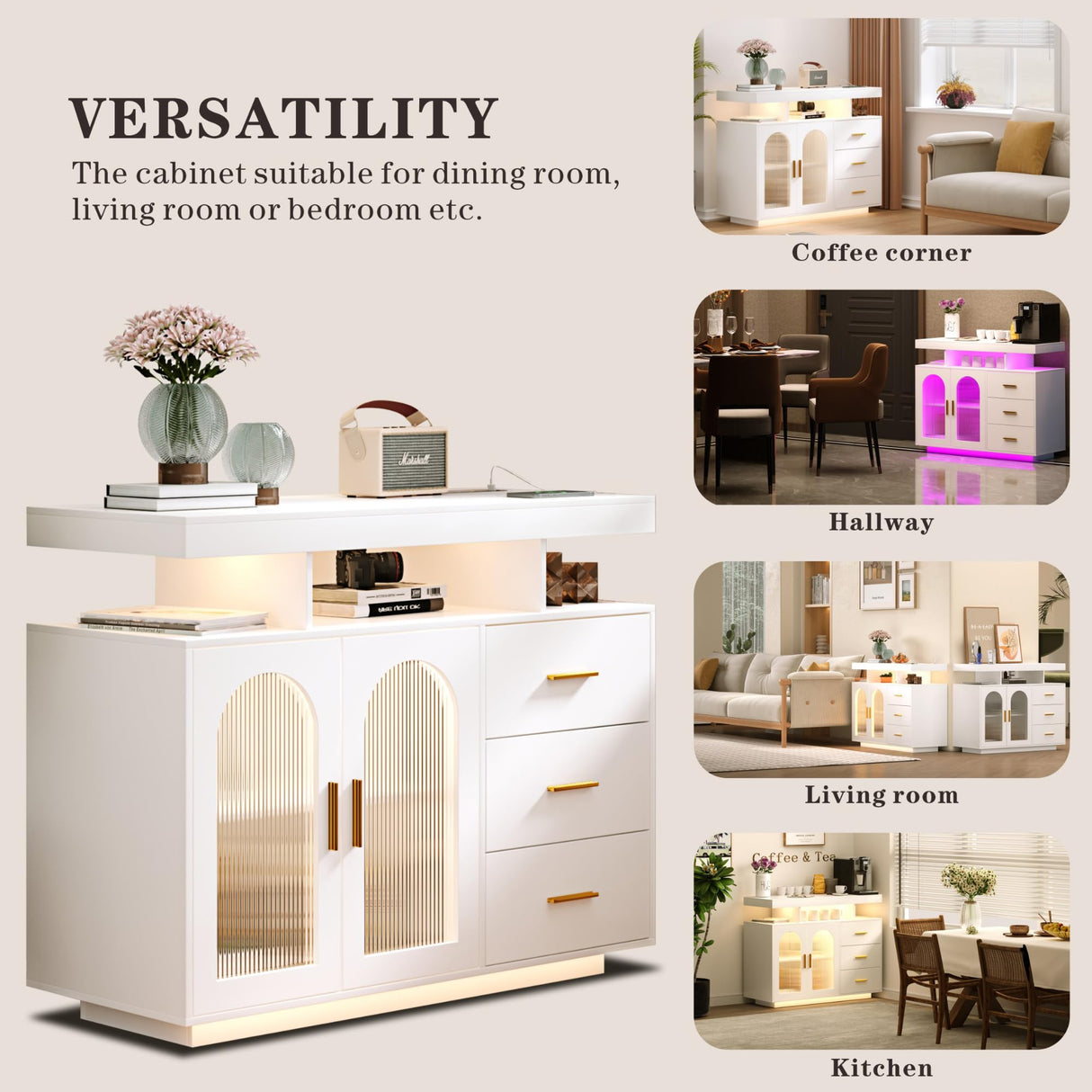 HWB Sideboard Buffet Cabinet with Charging Station, Coffee Bar Table with RGB LED Light, Auto-Sensor Design, Bar Cabinet with Storage with 3 Drawers and 2 Doors for Kitchen, Dinning(White) HWB